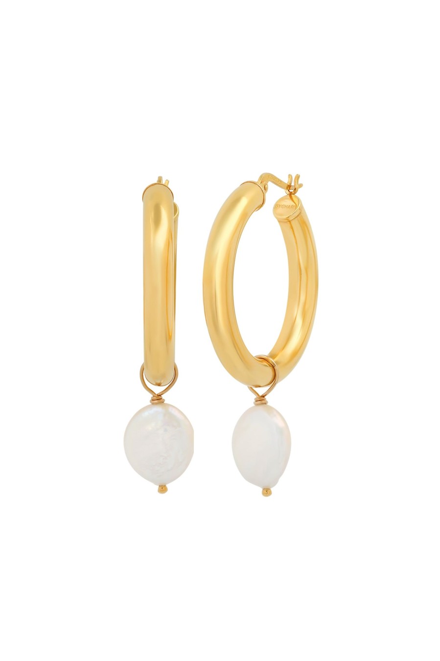 BYCHARI Earrings | Sade Hoops With Pearl Charm Demi-Fine