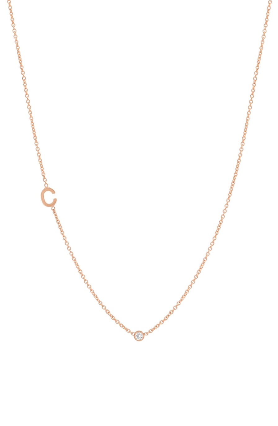 BYCHARI Necklaces | Small Asymmetrical Initial & Diamond Necklace - 14K Rose