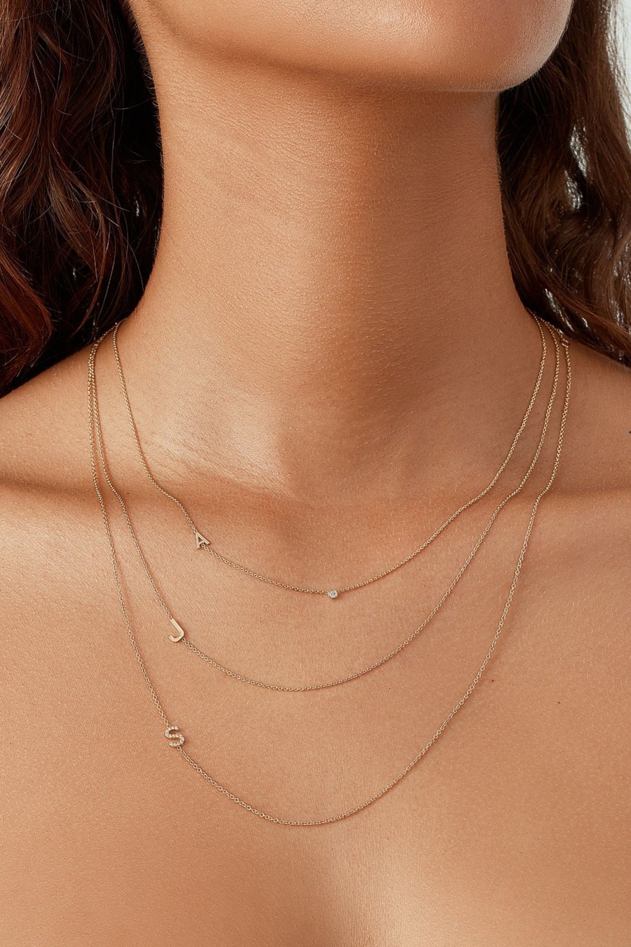 BYCHARI Necklaces | Small Asymmetrical Initial & Diamond Necklace - 14K Rose