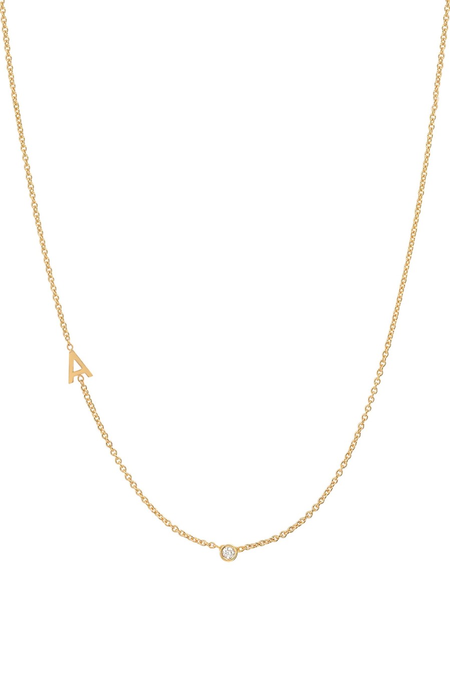 BYCHARI Necklaces | Small Asymmetrical Initial & Diamond Necklace - 14K Yellow