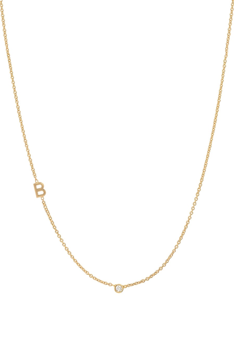 BYCHARI Necklaces | Small Asymmetrical Initial & Diamond Necklace - 14K Yellow